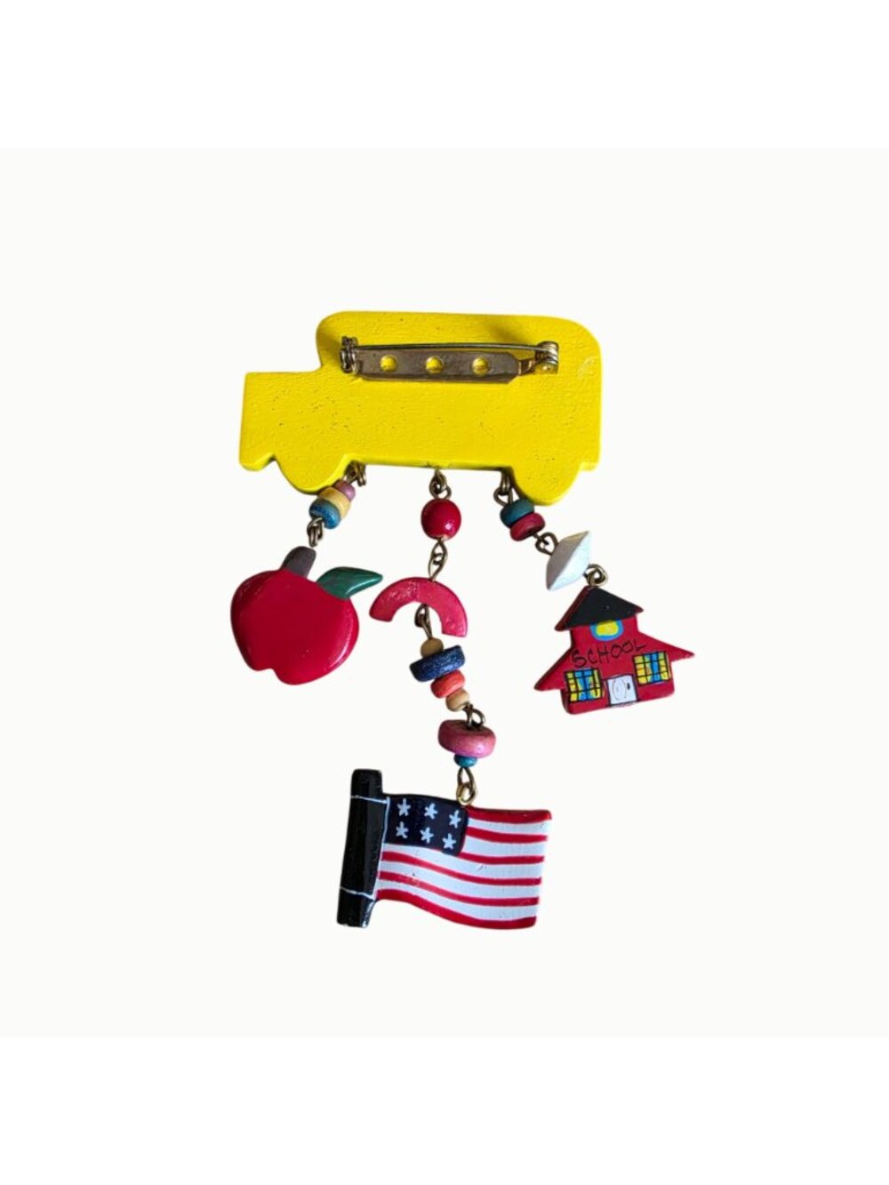 Vintage 1996 Handmade Teacher School Bus Wooden Brooch Apple Schoolhouse Dangle - Picture 2 of 2